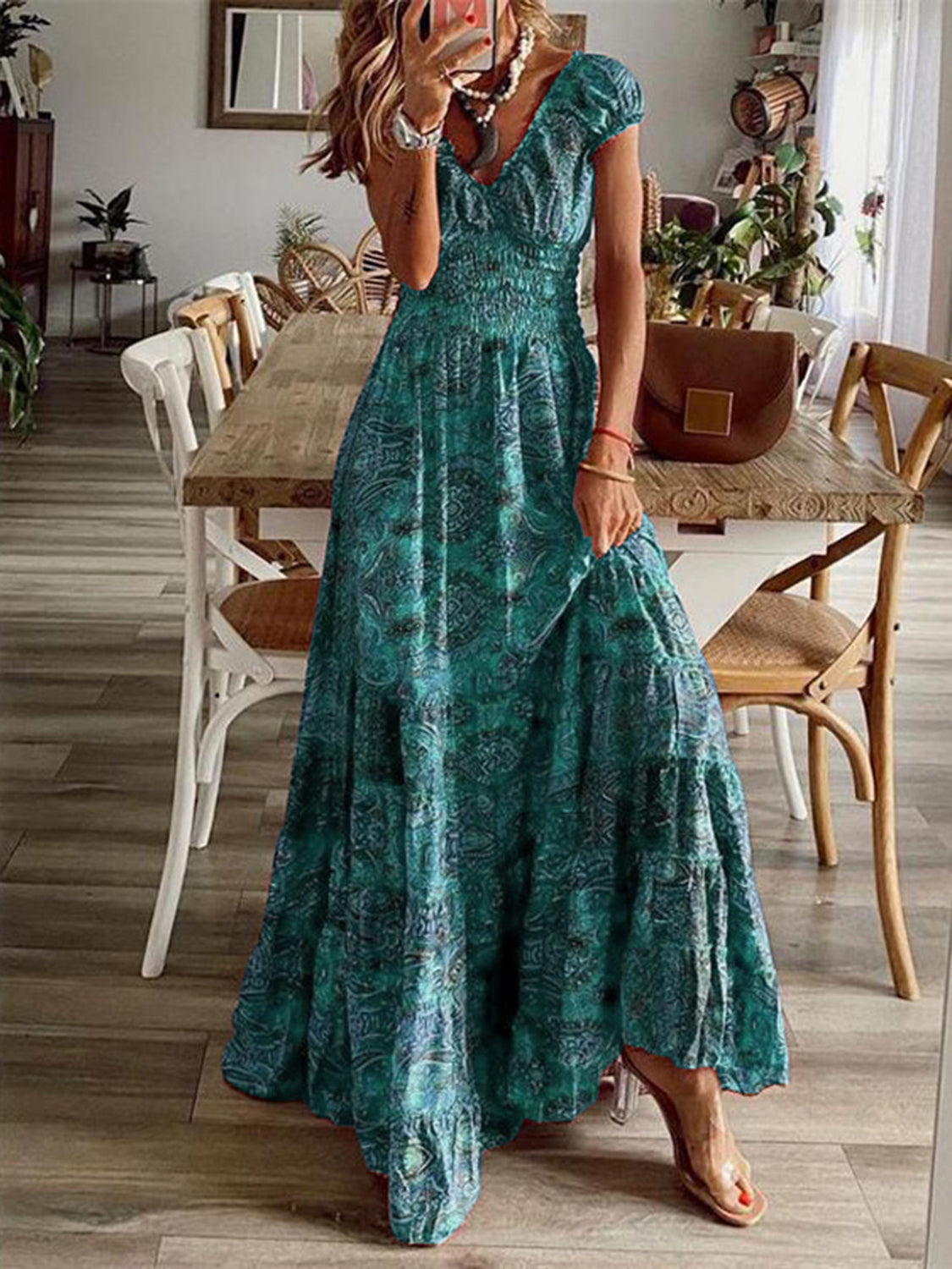 SMOCKED PRINTED V-NECK SHORT SLEEVE DRESS