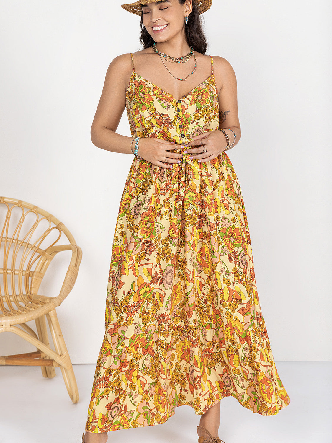 PLUS SIZE PRINTED V-NECK MAXI CAMI DRESS