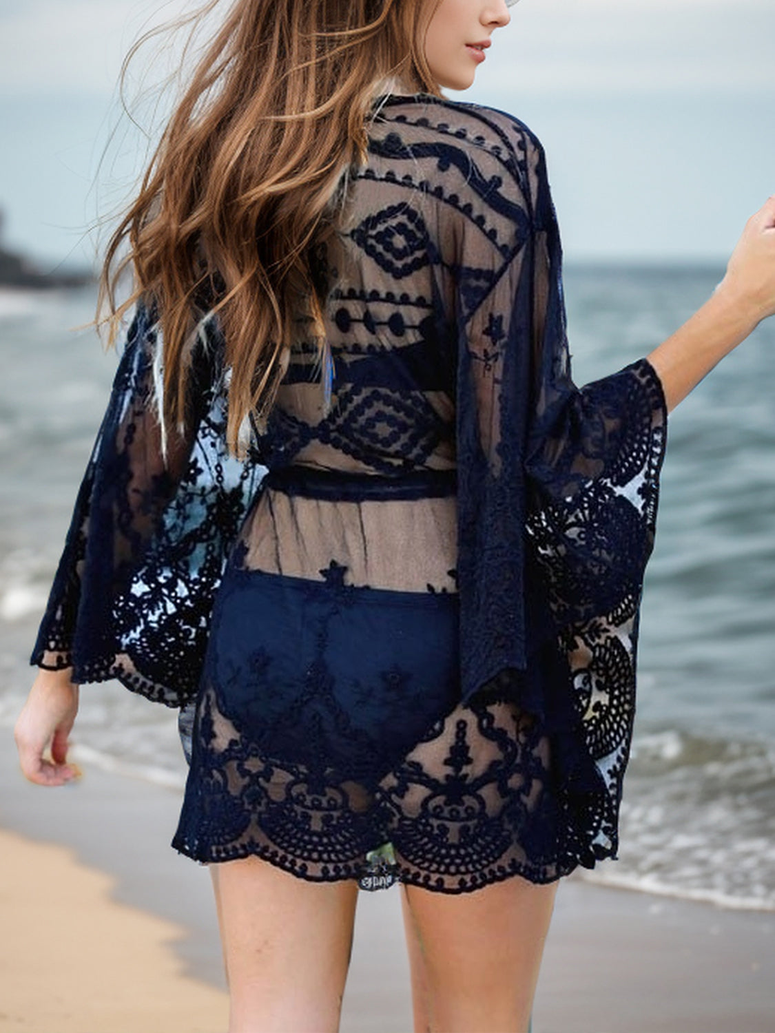 LACE V-NECK THREE-QUARTER SLEEVE COVER UP