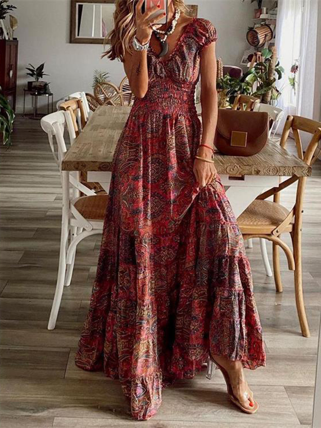 SMOCKED PRINTED V-NECK SHORT SLEEVE DRESS