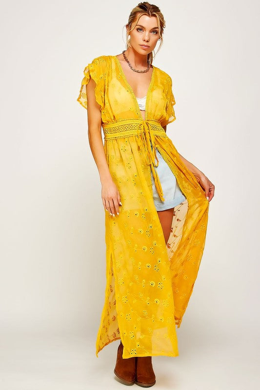 CHIFFON EMBROIDERY LACE KIMONO DUSTER COVER-UP