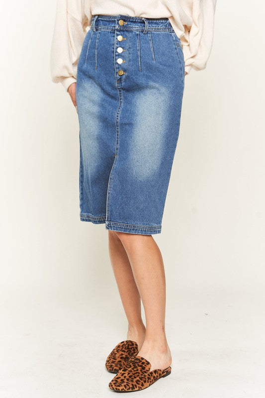 BUTTON DOWN DENIM MIDI SKIRT