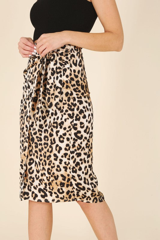 SATIN LEOPARD TIE MIDI SKIRT