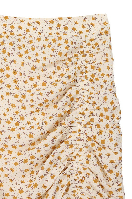 RUCHED MIDI PRINT SKIRT