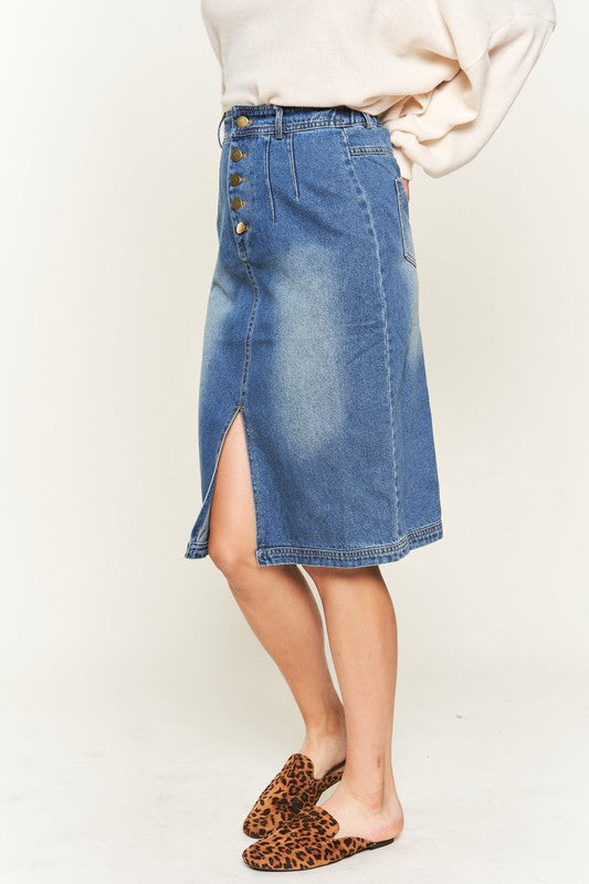 BUTTON DOWN DENIM MIDI SKIRT
