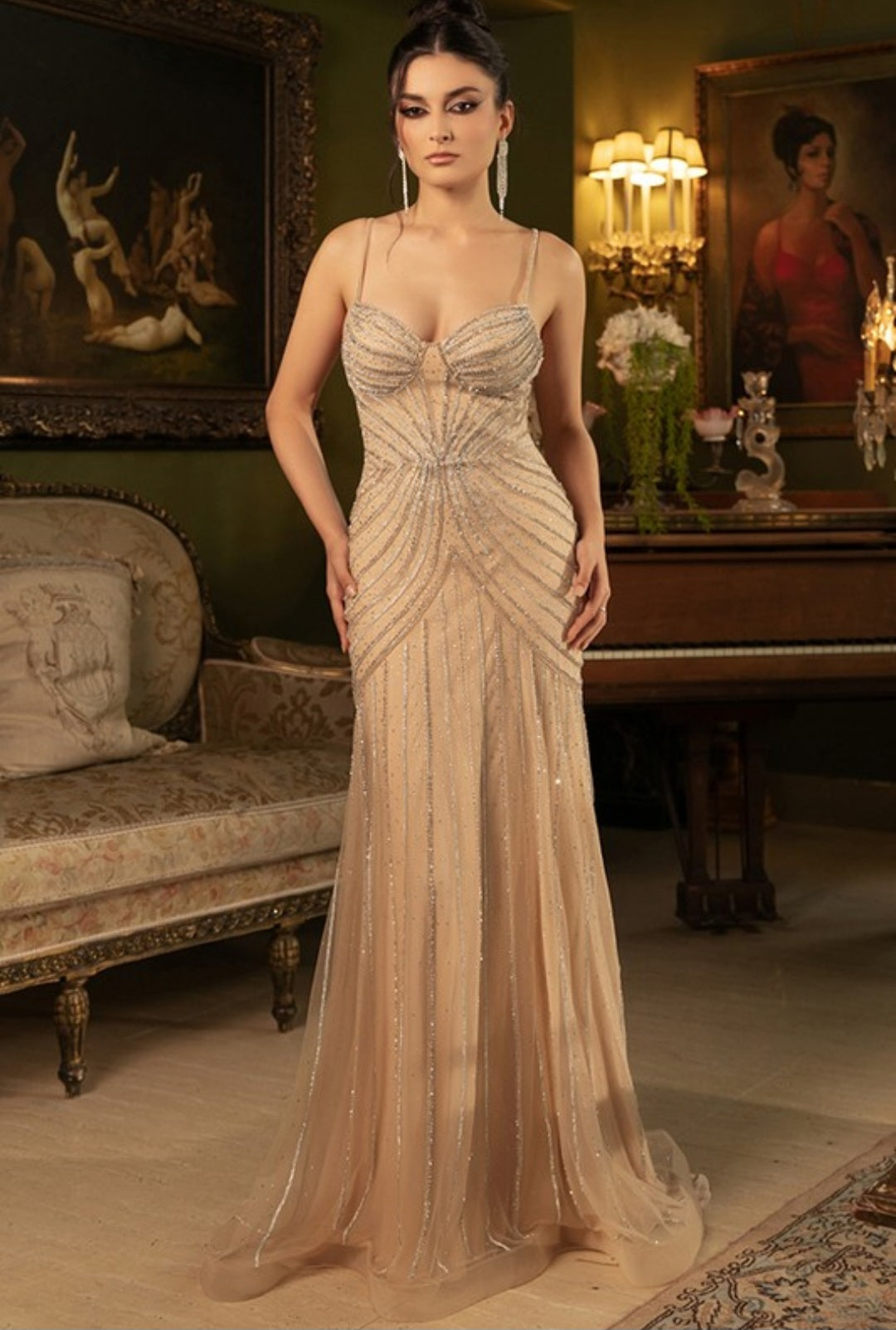 BEADED MERMAID GOWN WITH DRAMATIC CAPE
