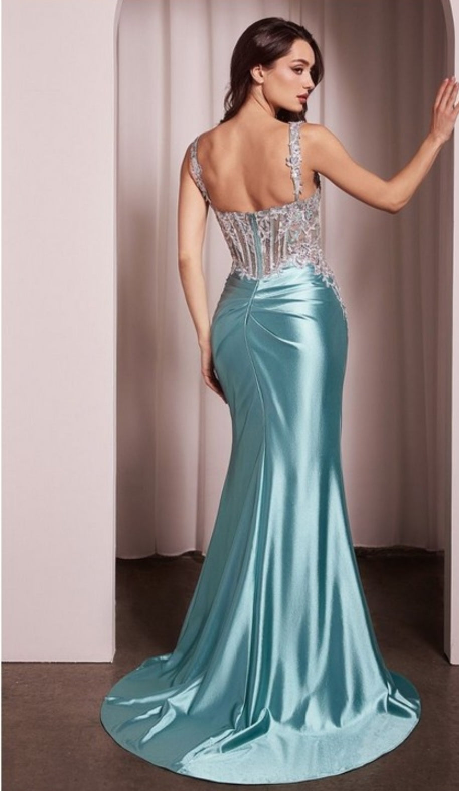 FITTED SATIN AND LACE GOWN