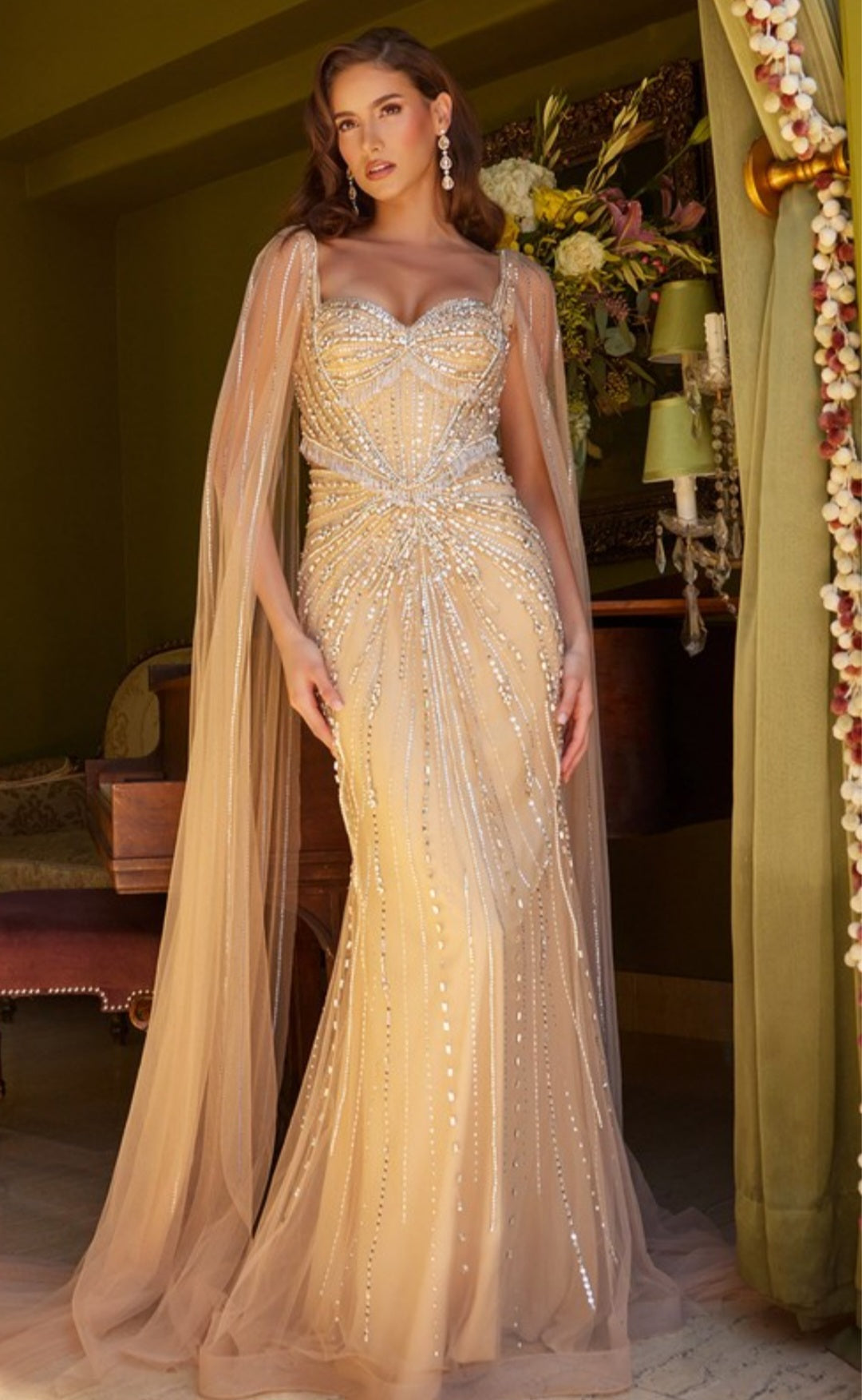 EMBELLISHED BEADED GOWN WITH CAPE SLEEVES