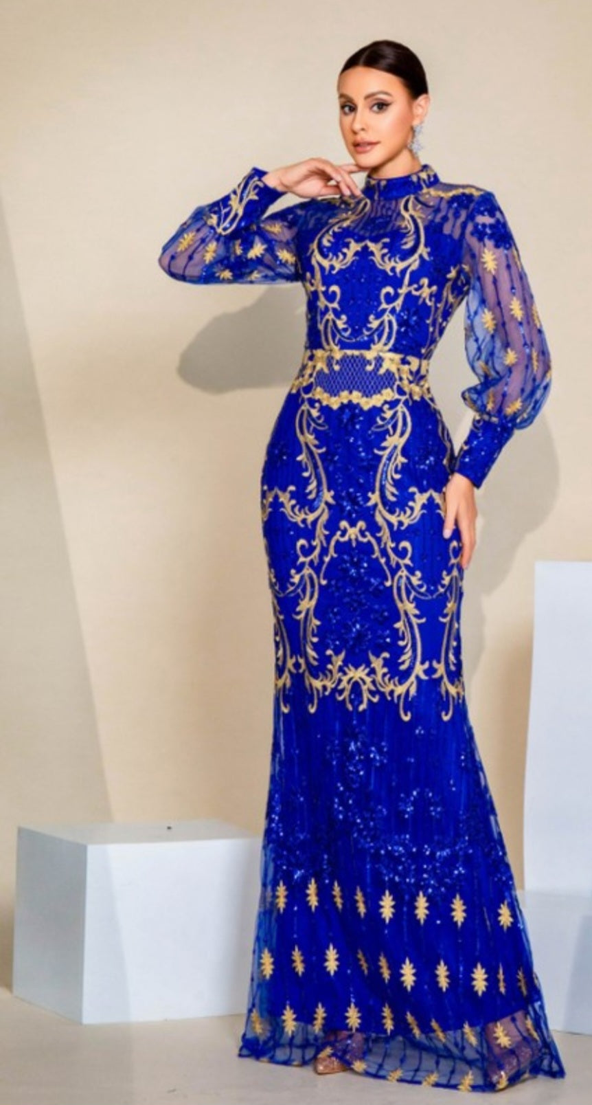 LONG SLEEVE MOCK NECK LACE GOWN
