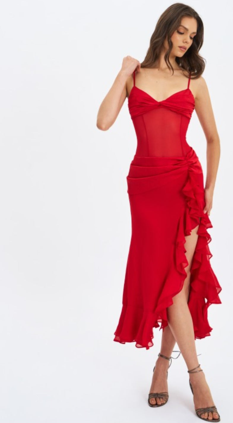 MISS CIRCLE DAHLINA RUCHED WAIST HIGH SLIT MAXI DRESS