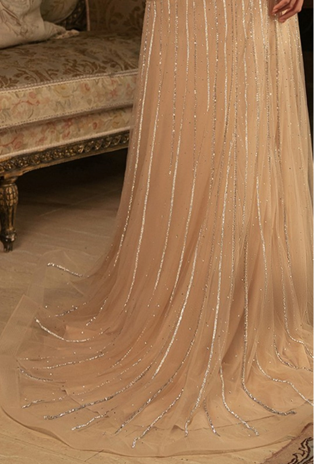 BEADED MERMAID GOWN WITH DRAMATIC CAPE