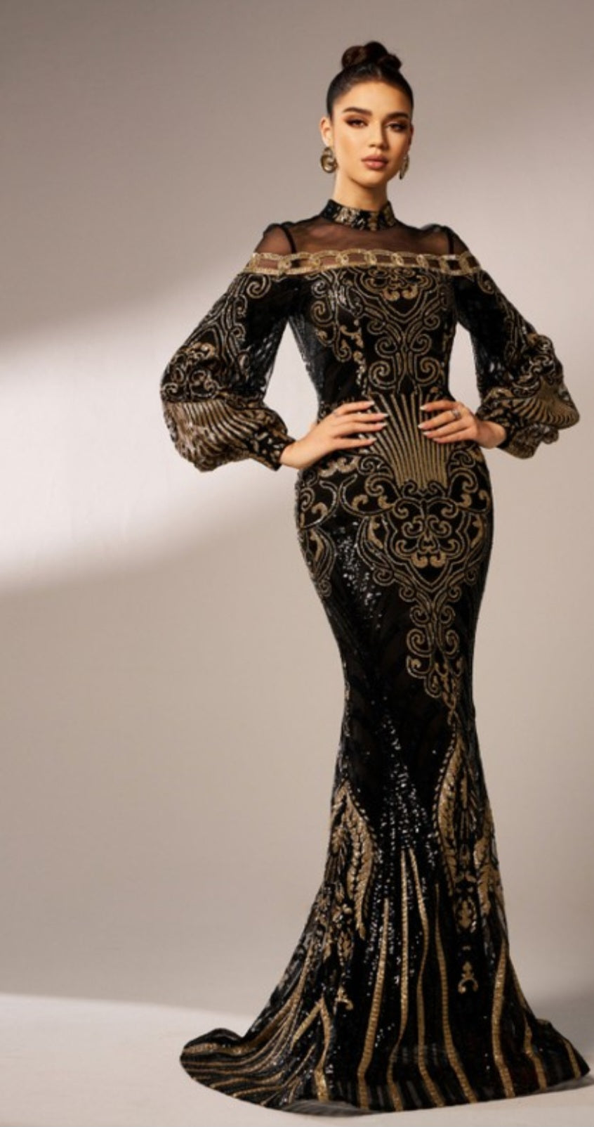 LONG SLEEVE MOCK NECK SEQUIN GOWN