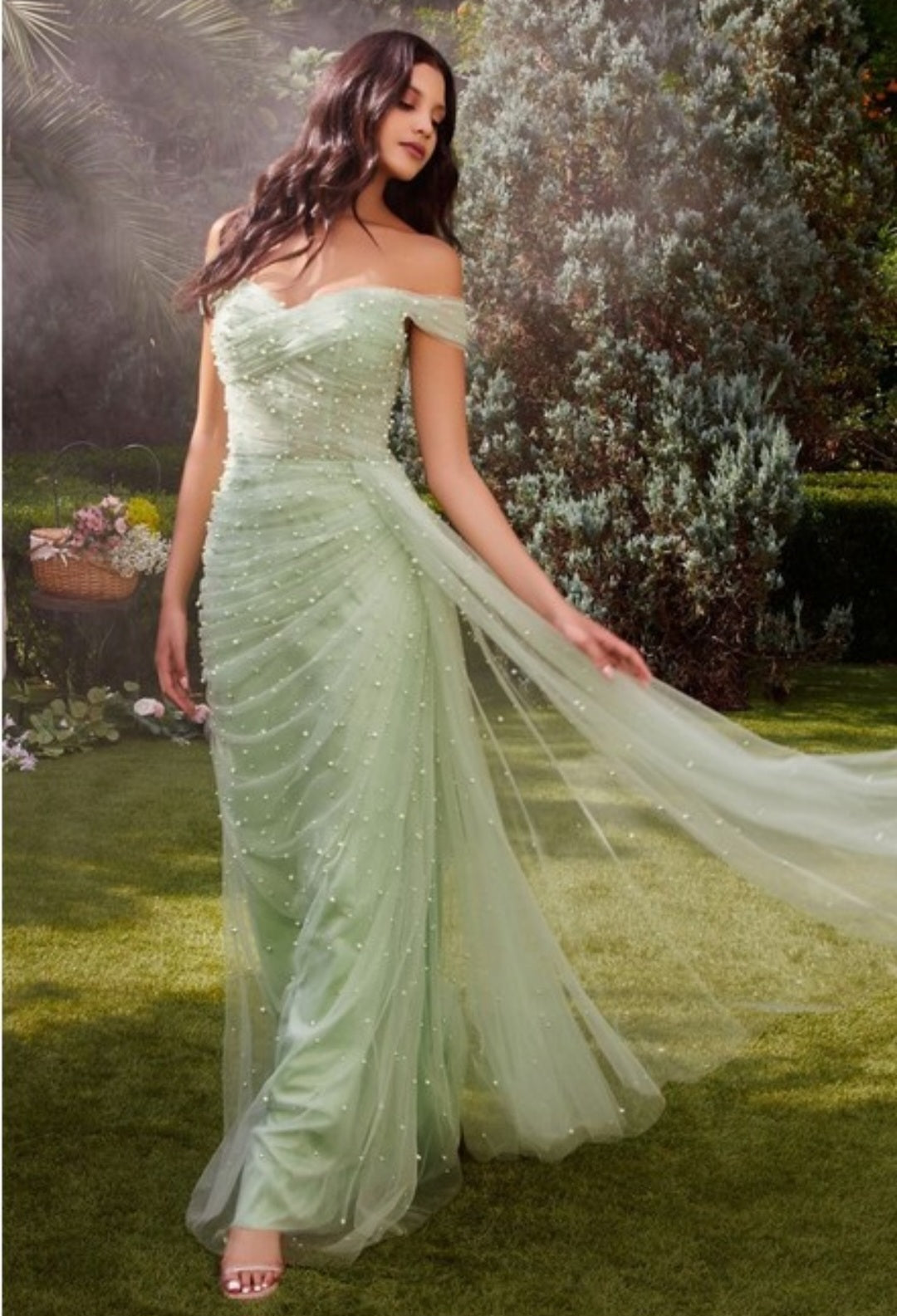 PEARL PLEATED TULLE GOWN WITH CAPE