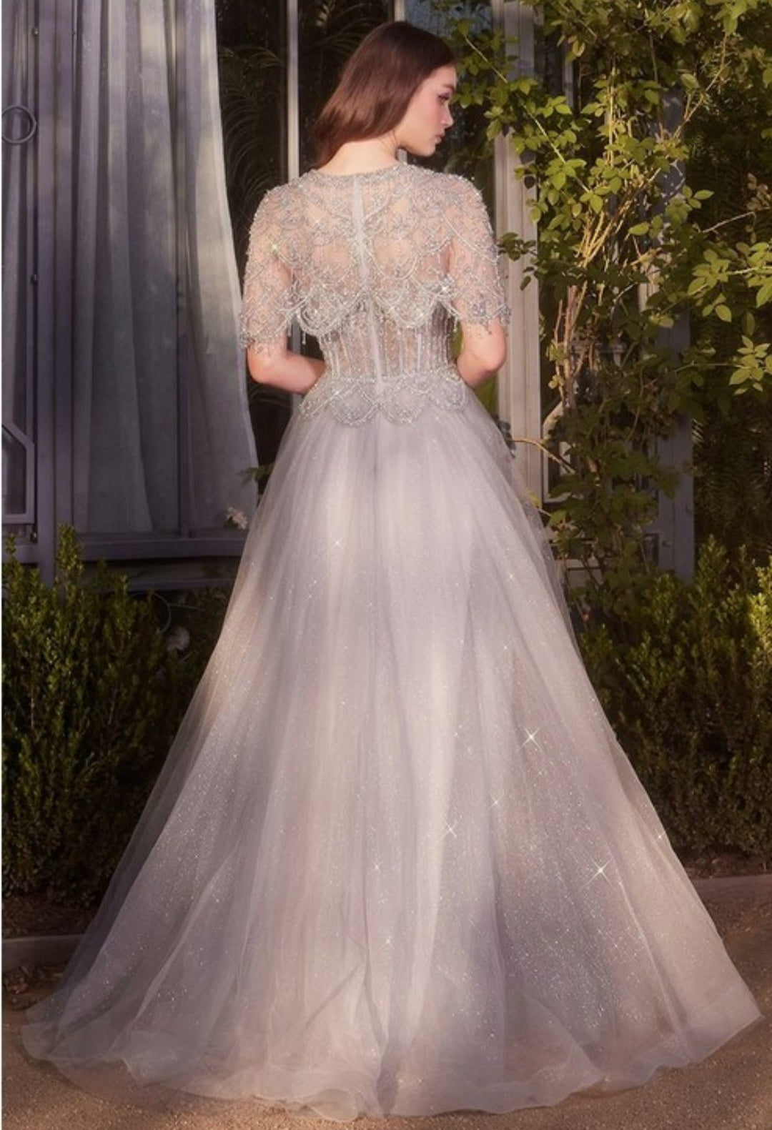 CAPELET CRYSTAL BEADED GOWN