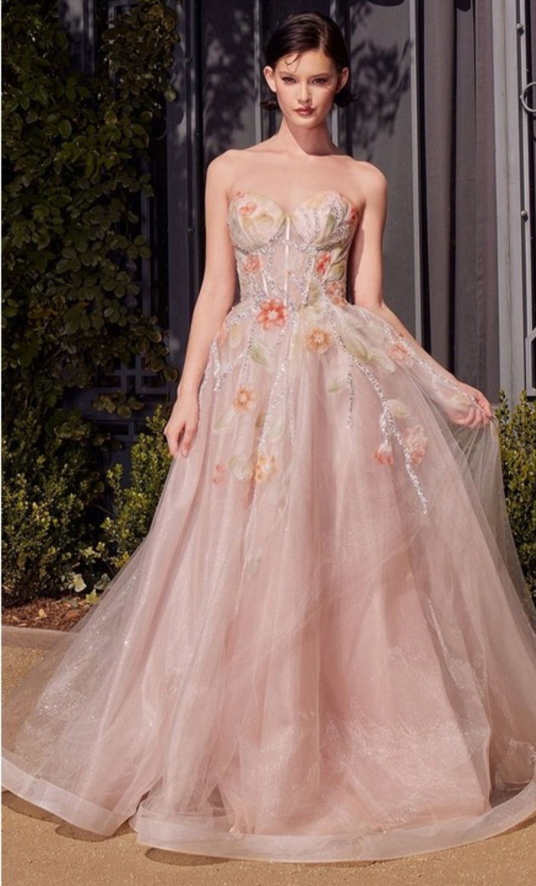 WATERCOLOR FLORAL STRAPLESS GOWN