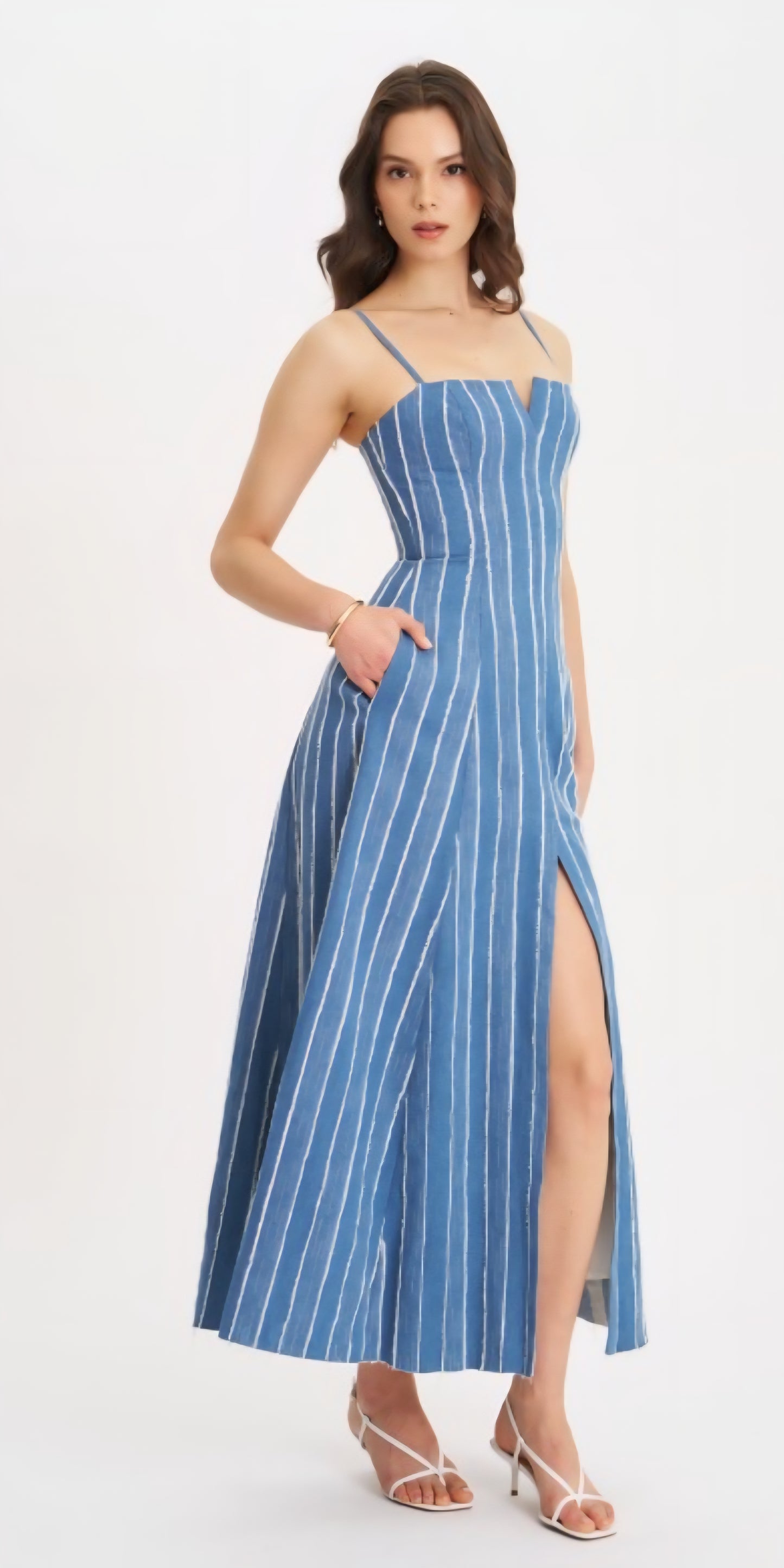 MISS CIRCLE ABYGAIL STRIPED COTTON DENIM MAXI DRESS
