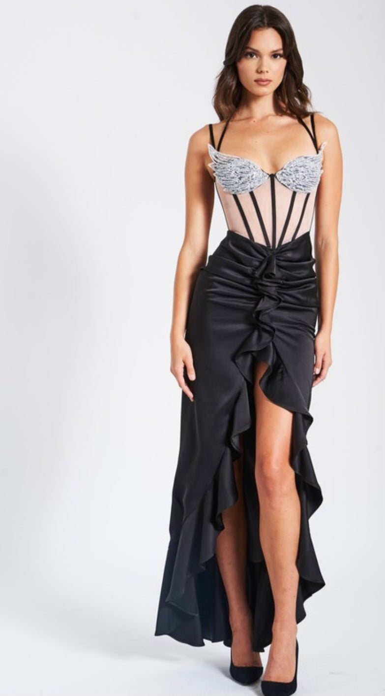 MISS CIRCLE RAFAELA SATIN CORSET WING CUP DRESS