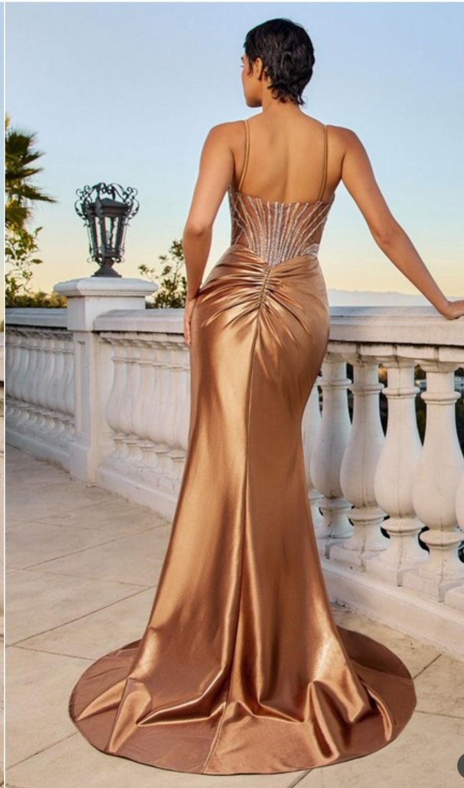 FITTED BEADED & SATIN METALLIC GOWN