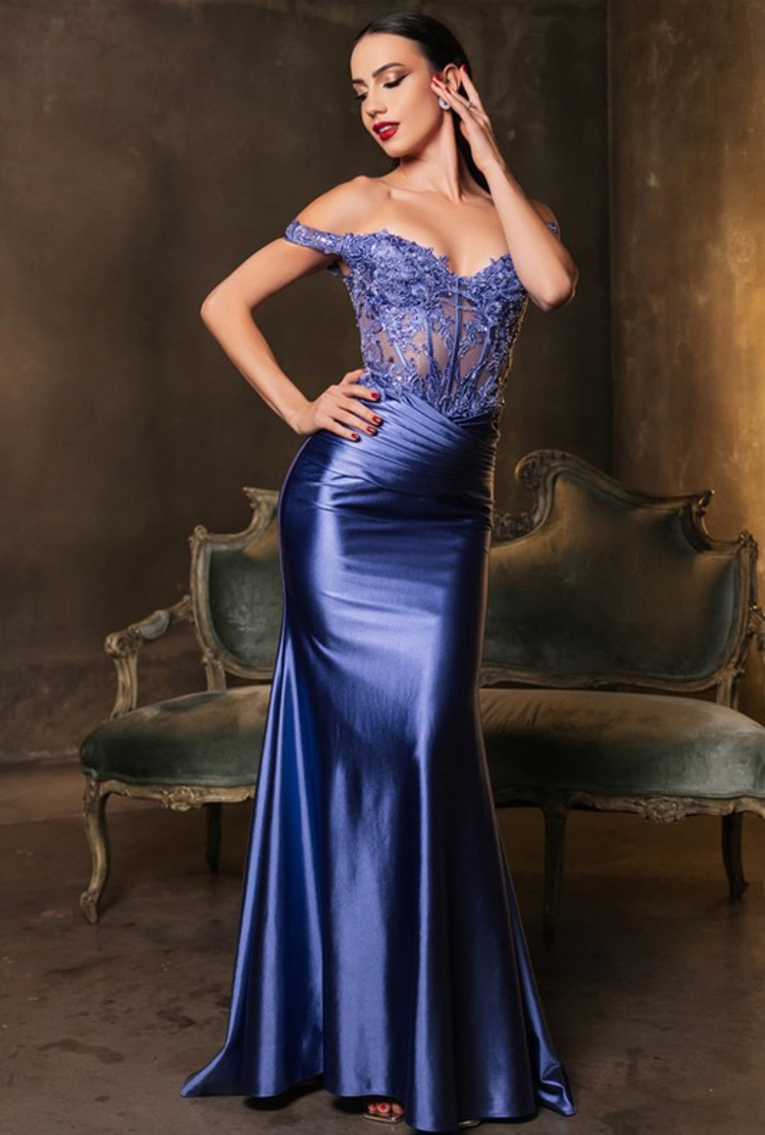 OFF THE SHOULDER LACE ILLUSION SATIN GOWN