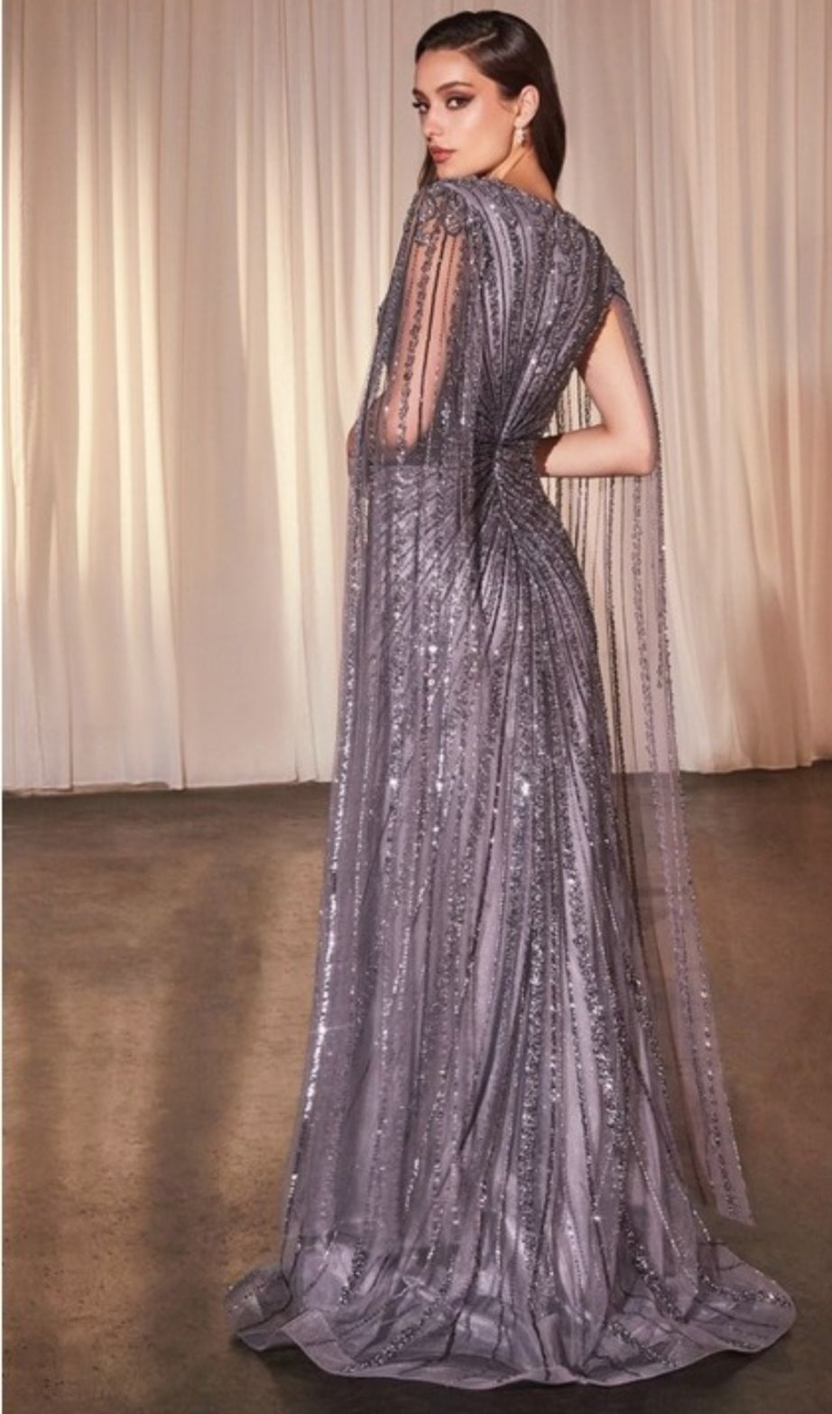 BEADED FITTED GOWN WITH CAPE SLEEVES