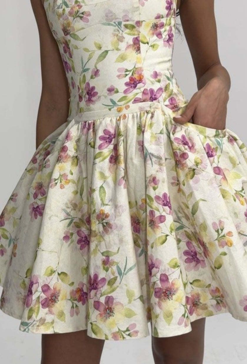 MISS CIRCLE VALDA PRINTED LINEN MINI DRESS