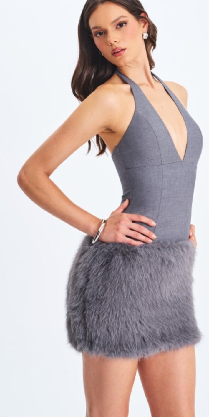 MISS CIRCLE DAISY DROP WAIST FAUX FUR MINI HALTER DRESS