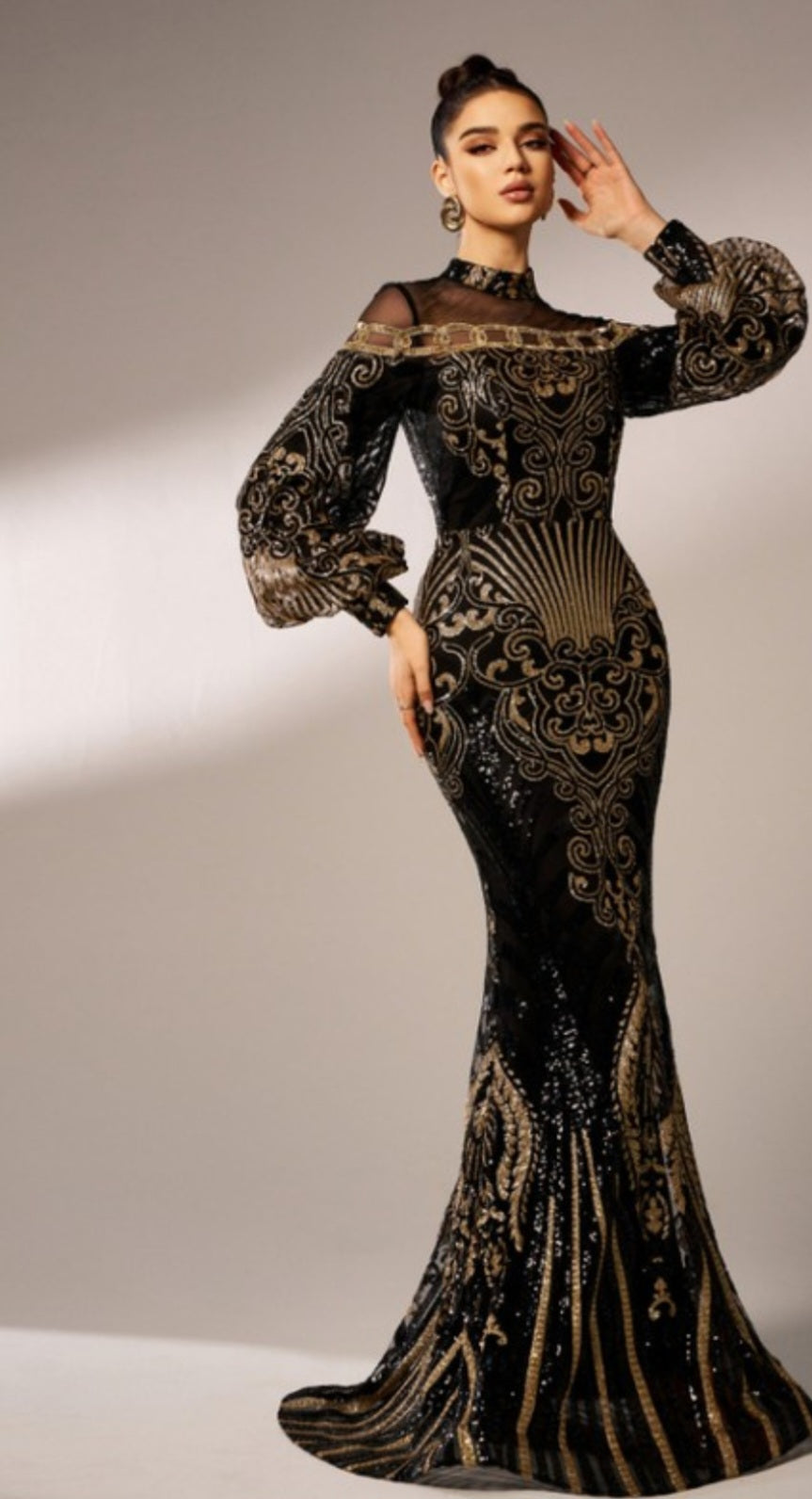 LONG SLEEVE MOCK NECK SEQUIN GOWN