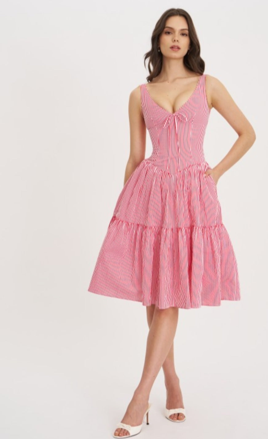 MISS CIRCLE OCEANA STRIPED DROP WAIST MIDI DRESS