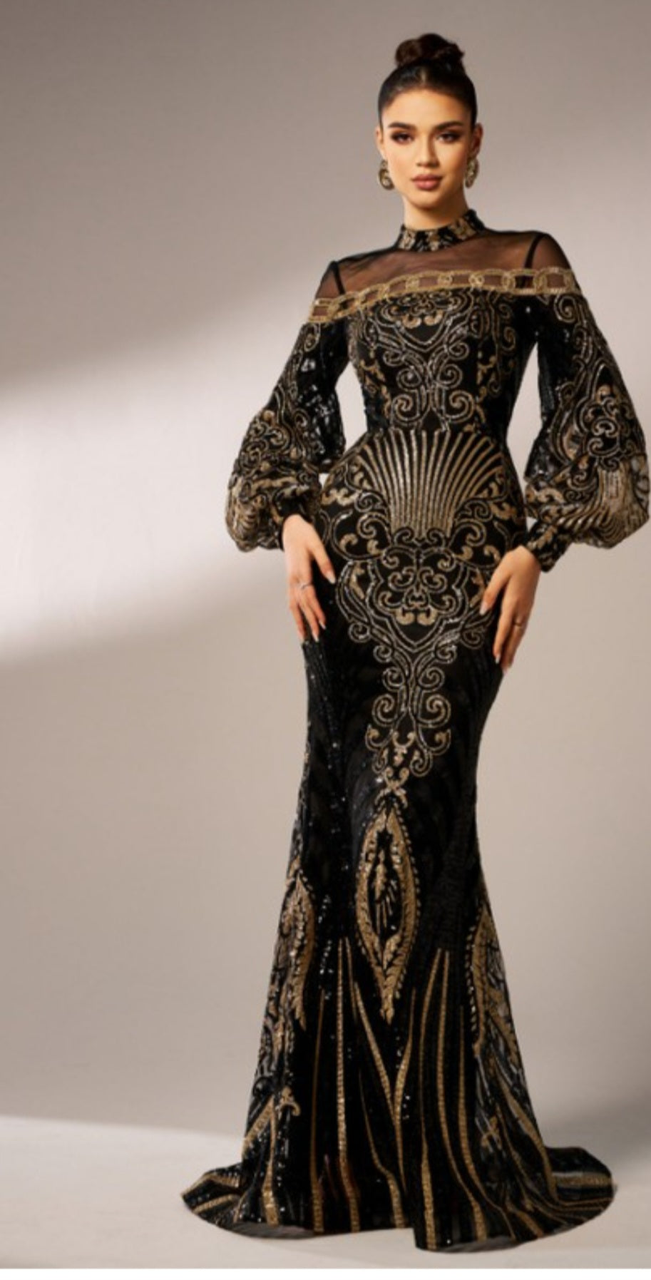 LONG SLEEVE MOCK NECK SEQUIN GOWN