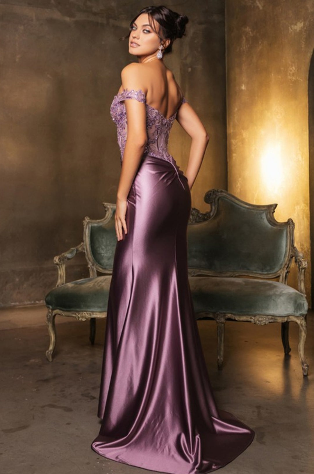 OFF THE SHOULDER LACE ILLUSION SATIN GOWN