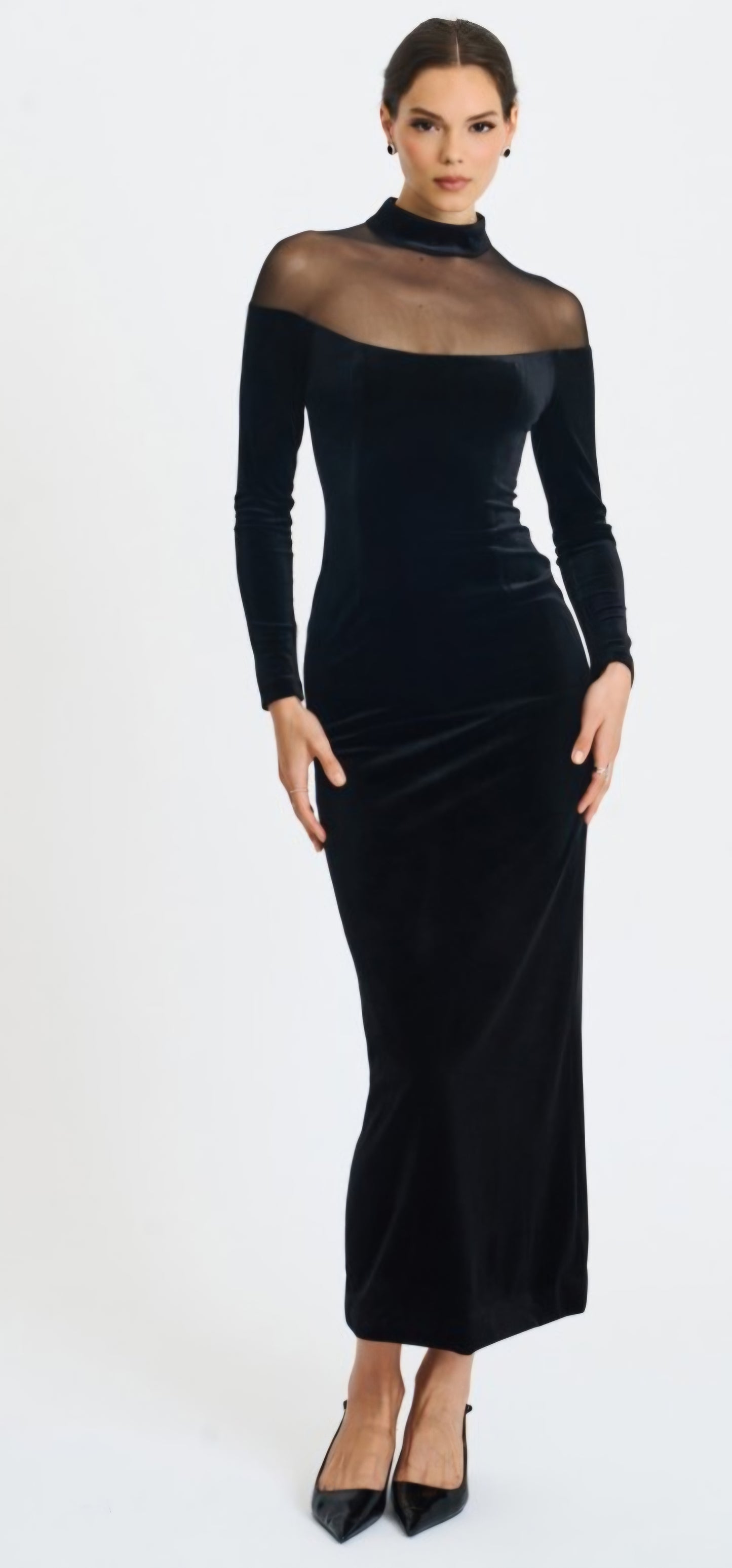 MISS CIRCLE BLAIR SHEER MOCK NECK MAXI DRESS