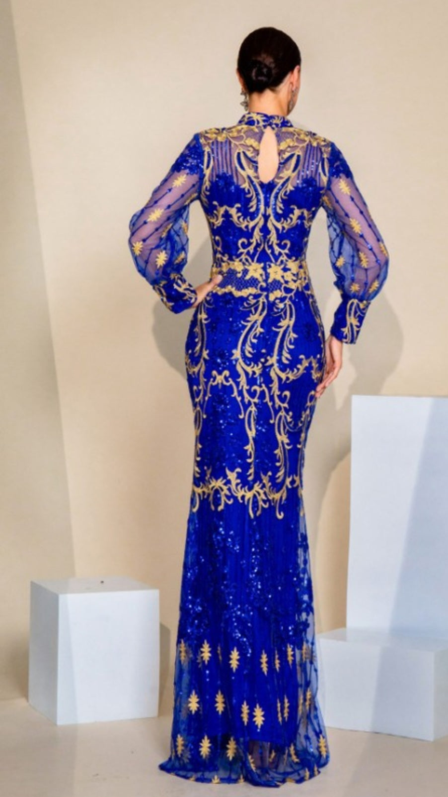 LONG SLEEVE MOCK NECK LACE GOWN