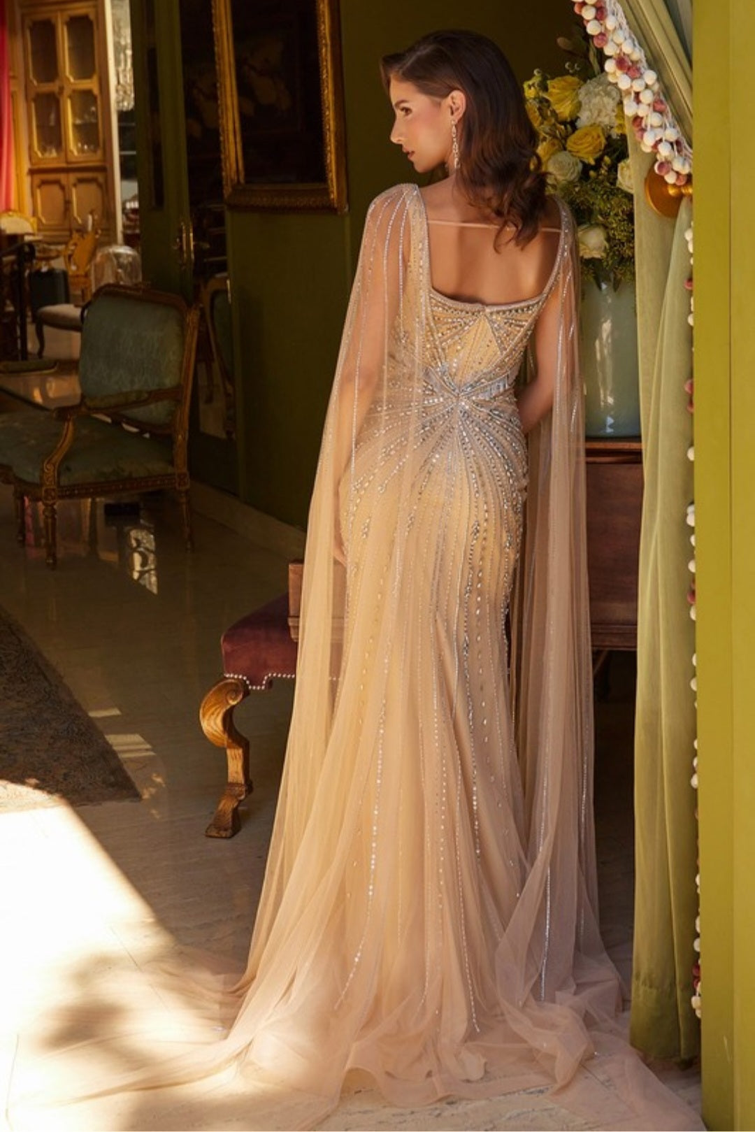 EMBELLISHED BEADED GOWN WITH CAPE SLEEVES