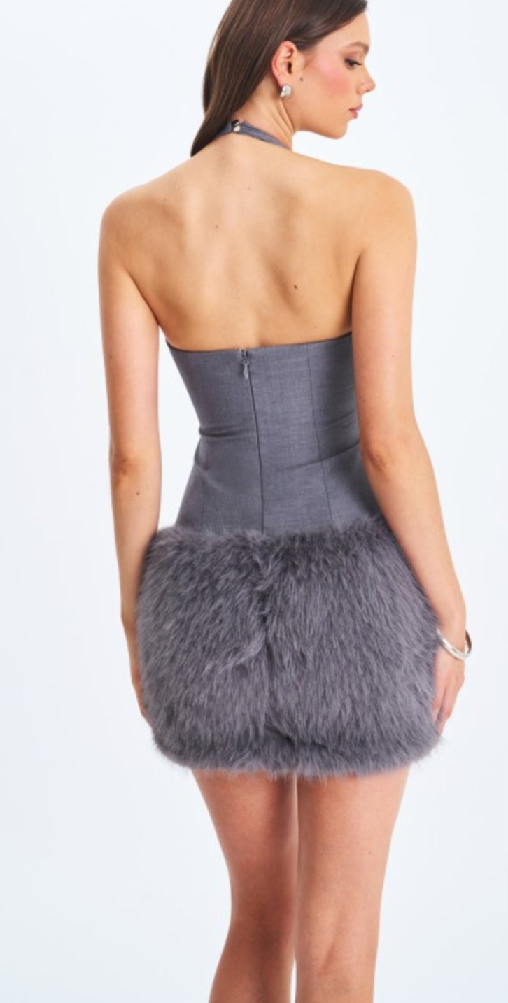 MISS CIRCLE DAISY DROP WAIST FAUX FUR MINI HALTER DRESS