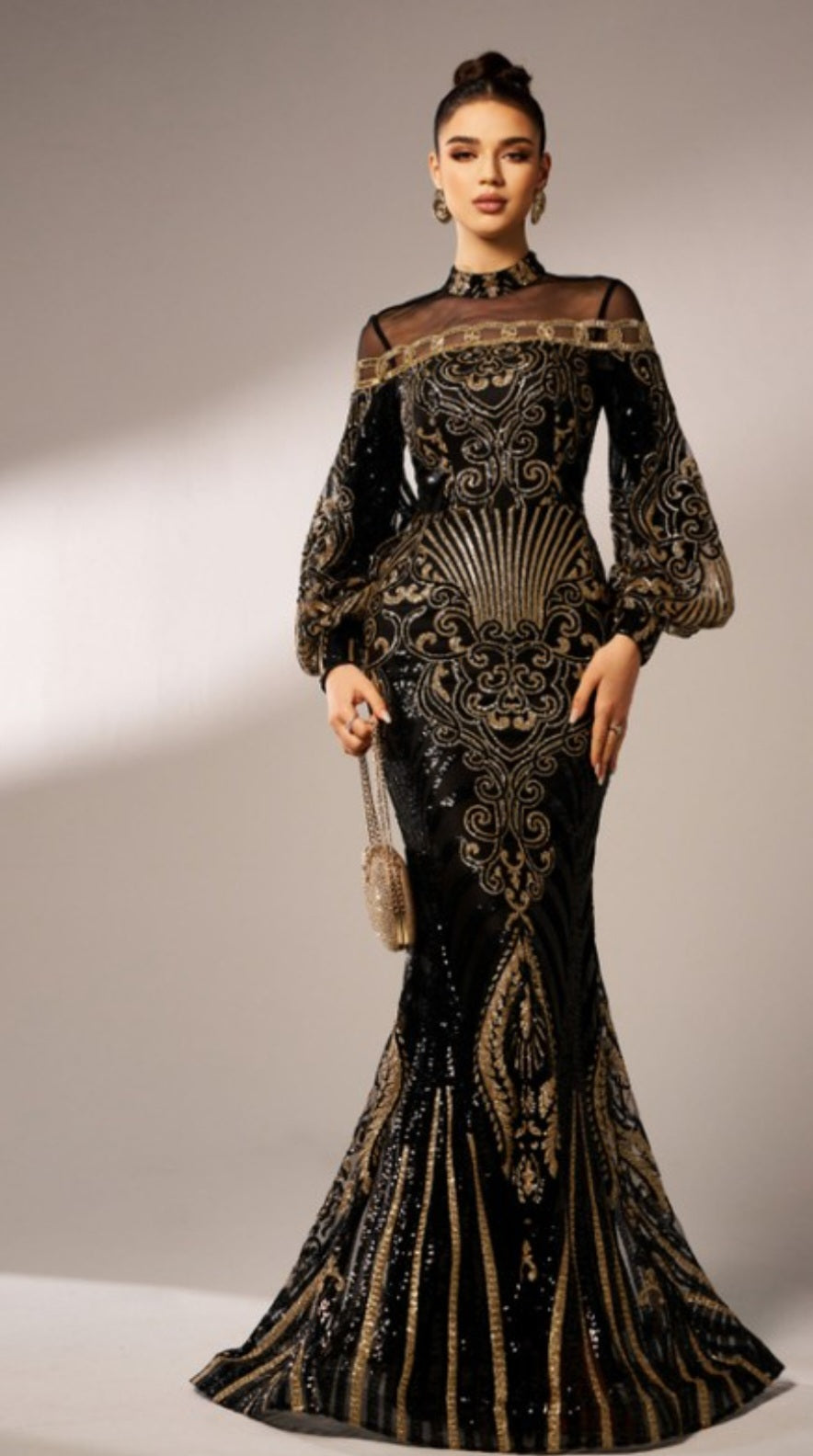 LONG SLEEVE MOCK NECK SEQUIN GOWN