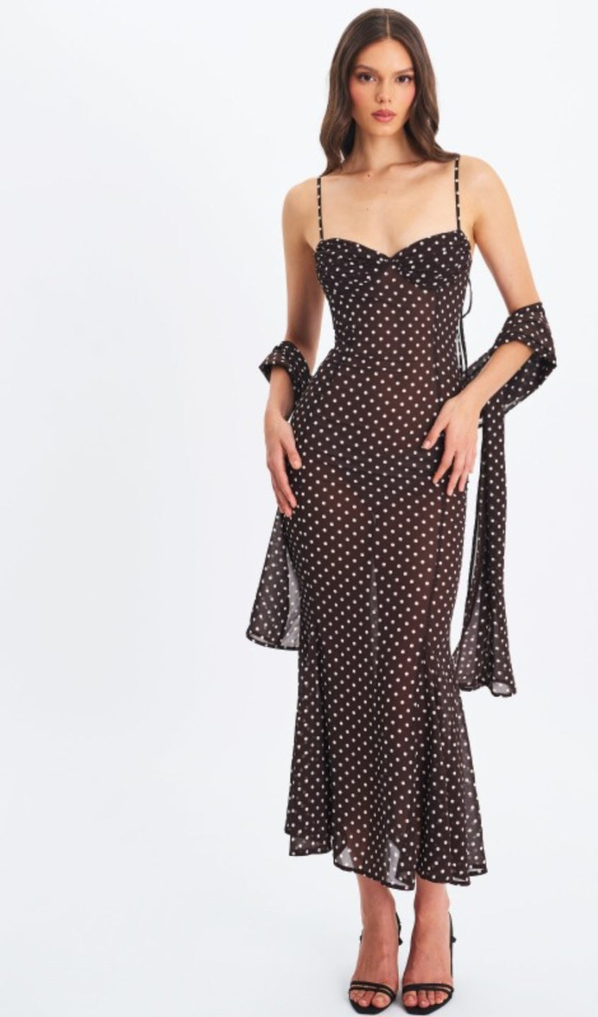 MISS CIRCLE YADIRA POLKA DOT CHIFFON MIDI DRESS