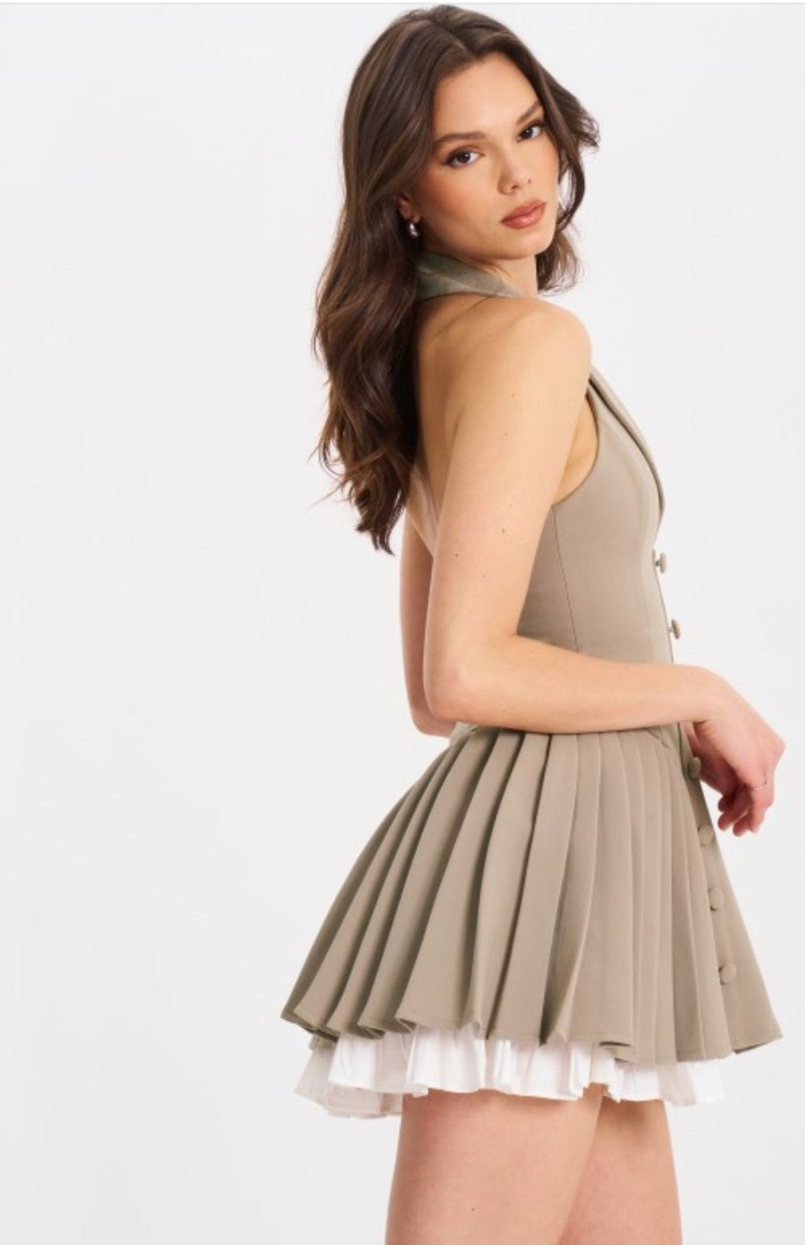 MISS CIRCLE HAZEL HALTER PLEATED MINI DRESS