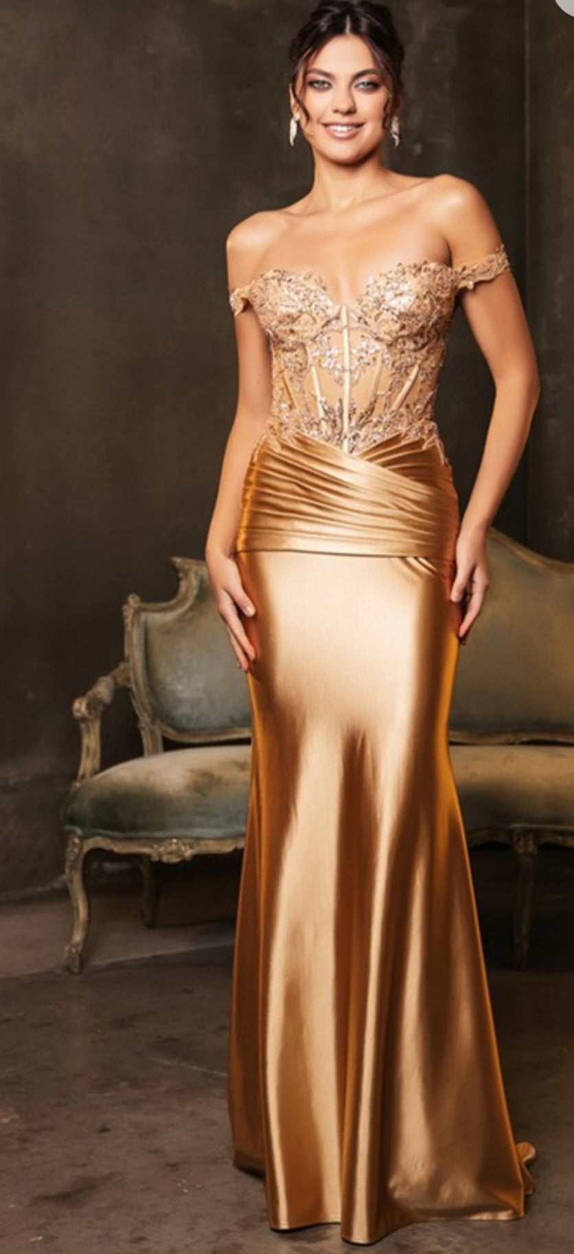 OFF THE SHOULDER LACE ILLUSION SATIN GOWN