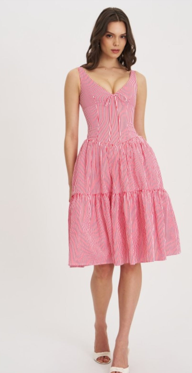 MISS CIRCLE OCEANA STRIPED DROP WAIST MIDI DRESS