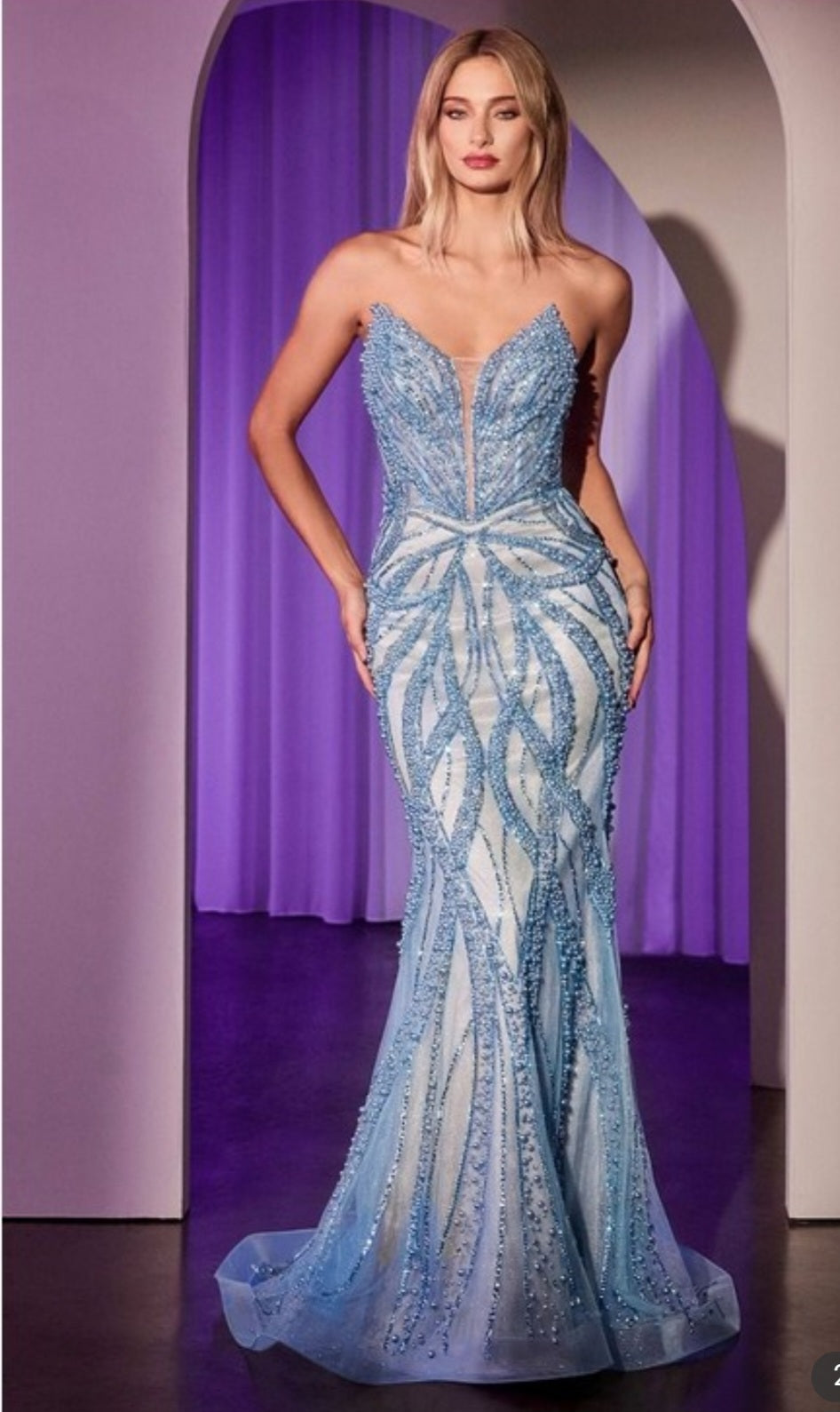 PEARL AND CRYSTAL STRAPLESS FITTED GOWN