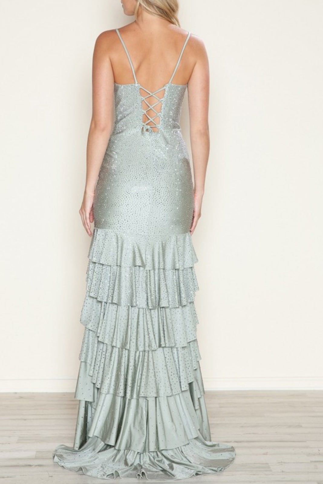 RHINESTONE RUFFLE GOWN