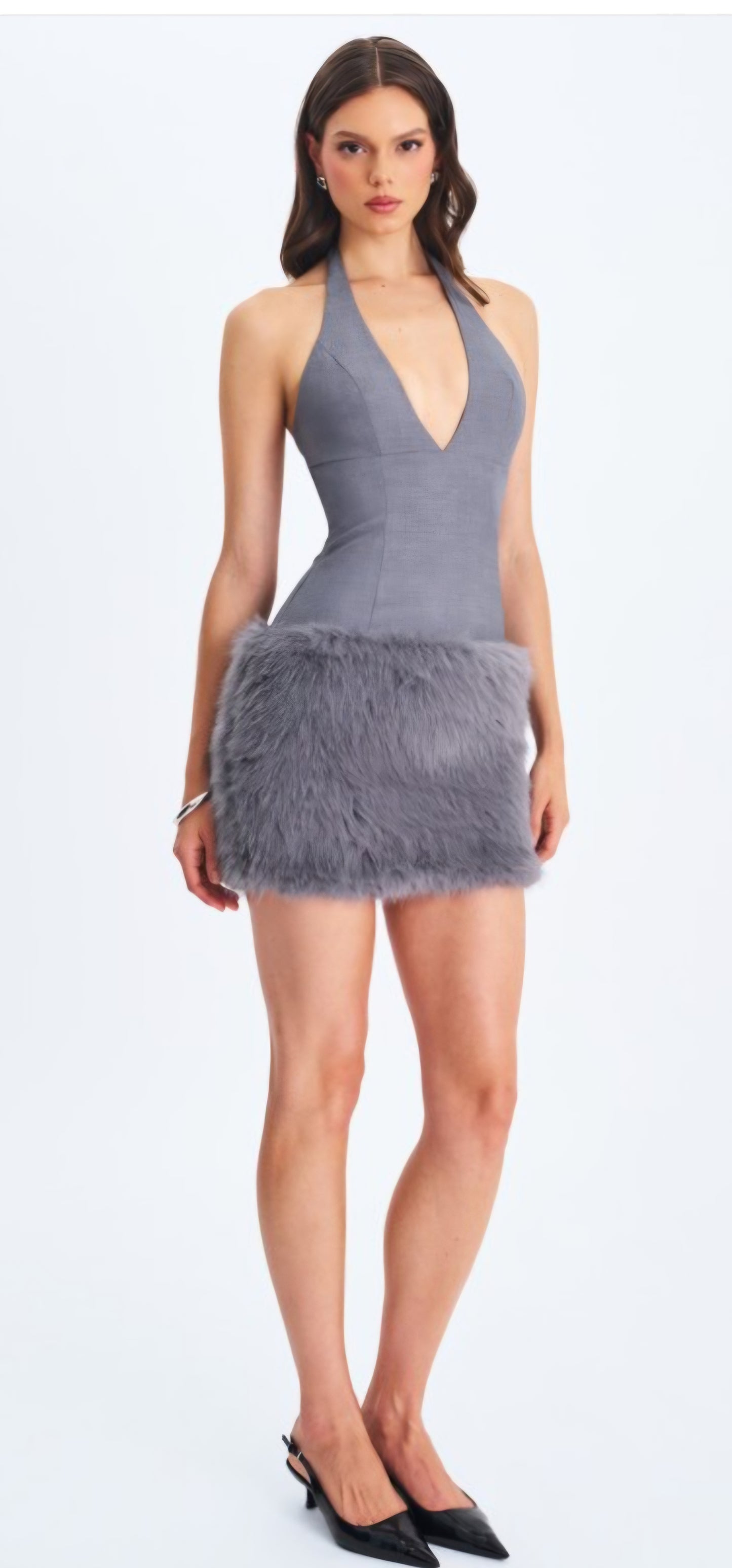 MISS CIRCLE DAISY DROP WAIST FAUX FUR MINI HALTER DRESS