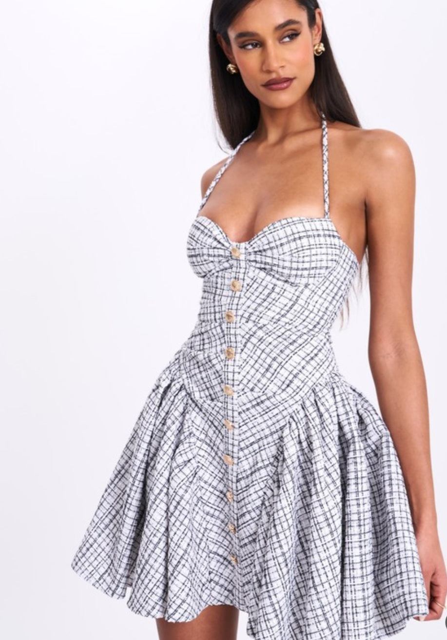 MISS CIRCLE MELODY PLAID TWEED HALTER DRESS