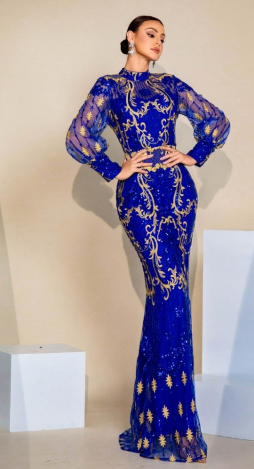LONG SLEEVE MOCK NECK LACE GOWN