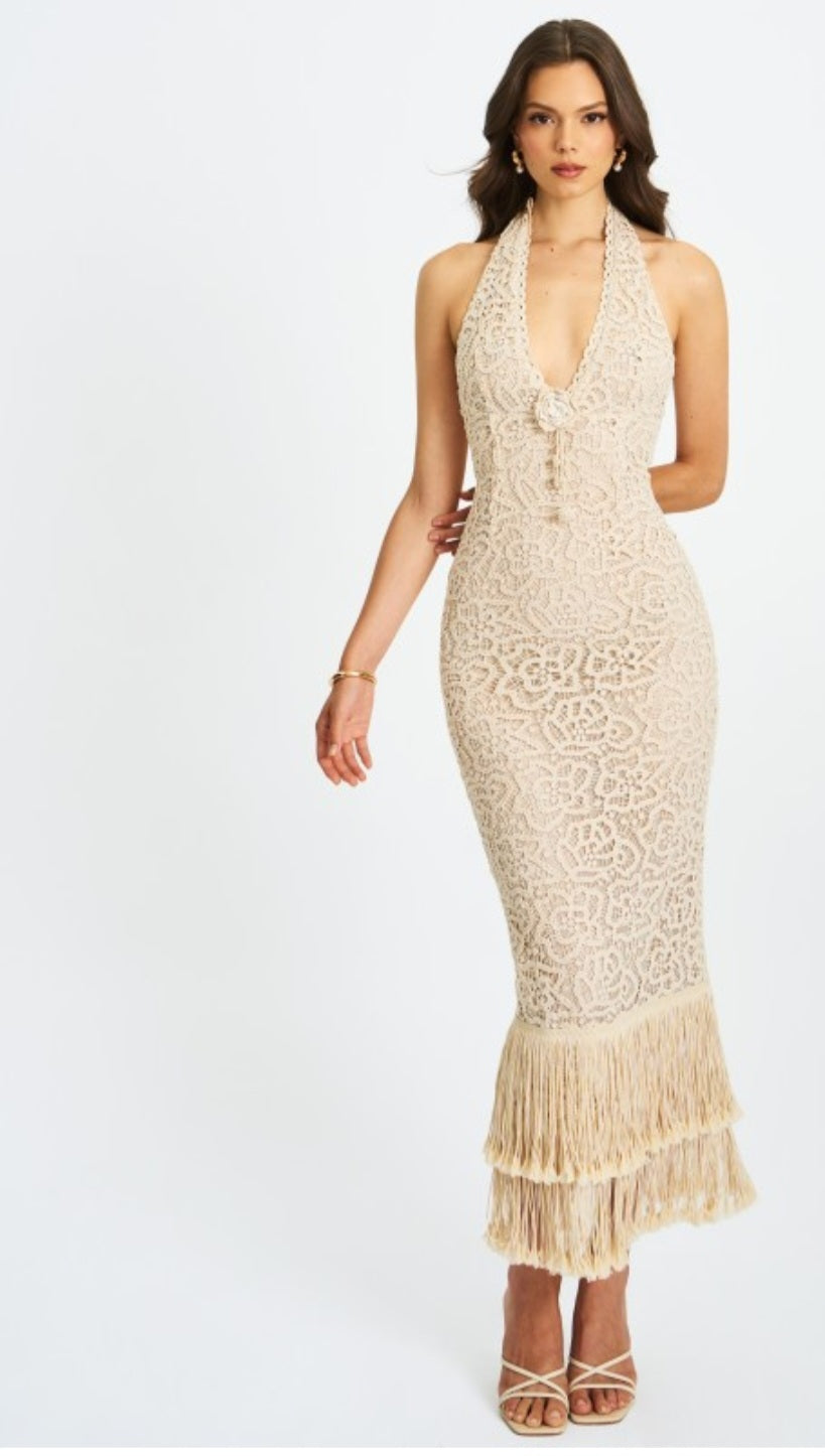 MISS CIRCLE FAELYN DOUBLE FRINGE CROCHET MAXI DRESS