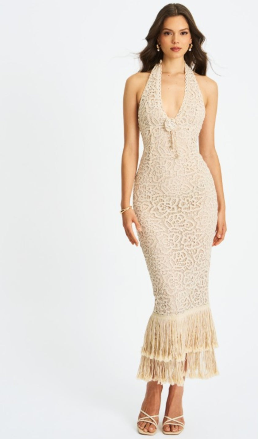 MISS CIRCLE FAELYN DOUBLE FRINGE CROCHET MAXI DRESS