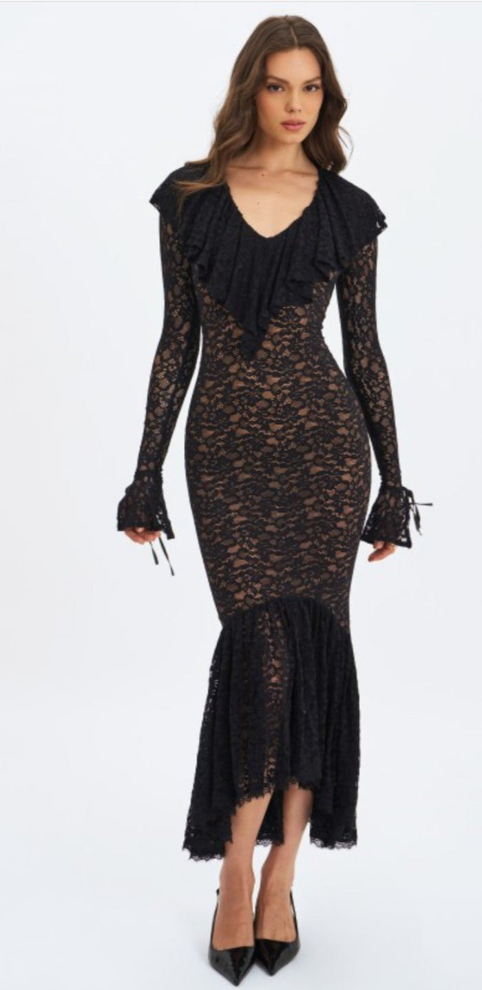 MISS CIRCLE PARISA LACE RUFFLE MERMAID MAXI DRESS