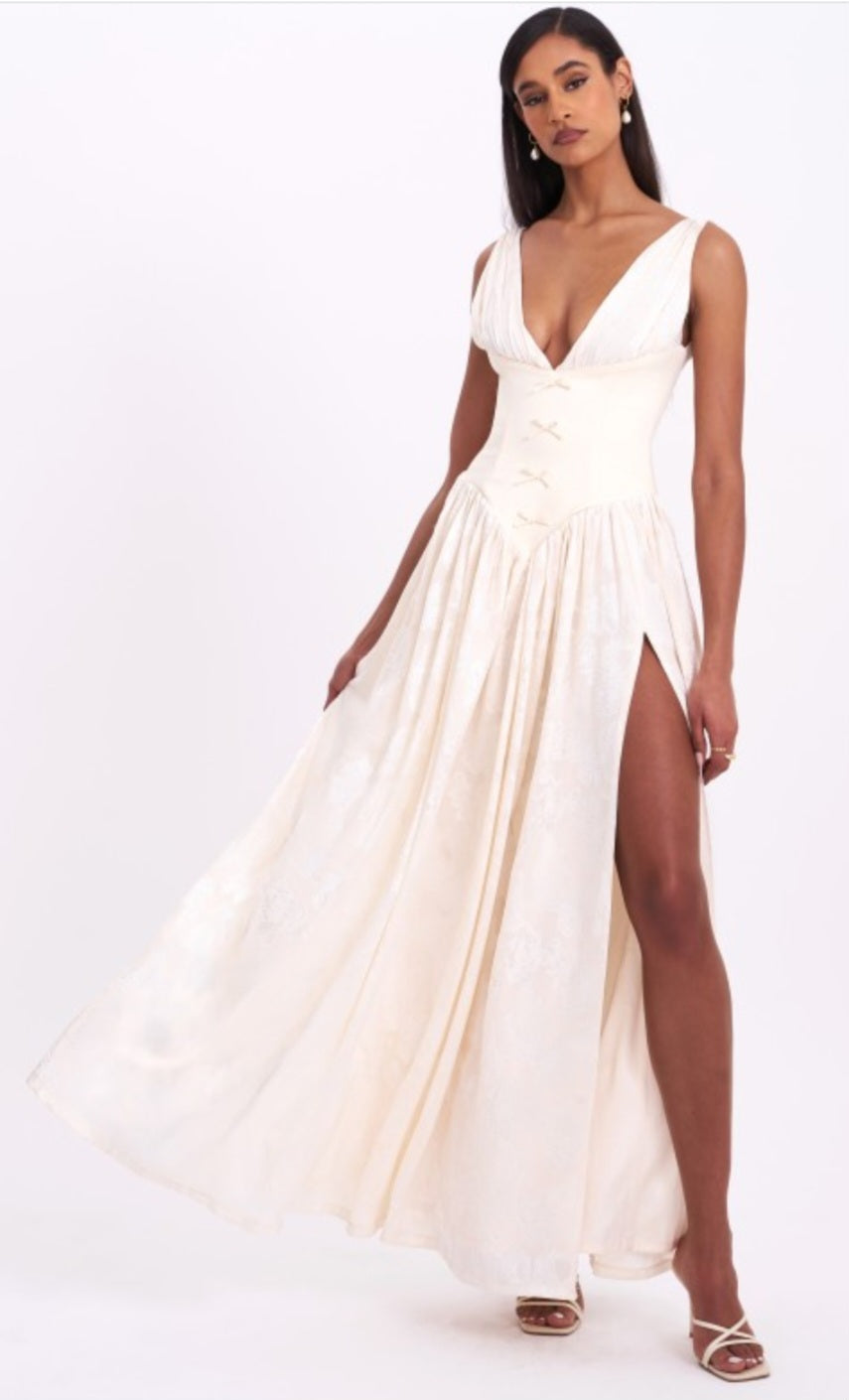 MISS CIRCLE SABRINA JACQUARD HIGH SLIT MAXI DRESS
