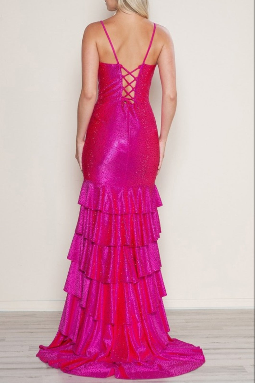 RHINESTONE RUFFLE GOWN