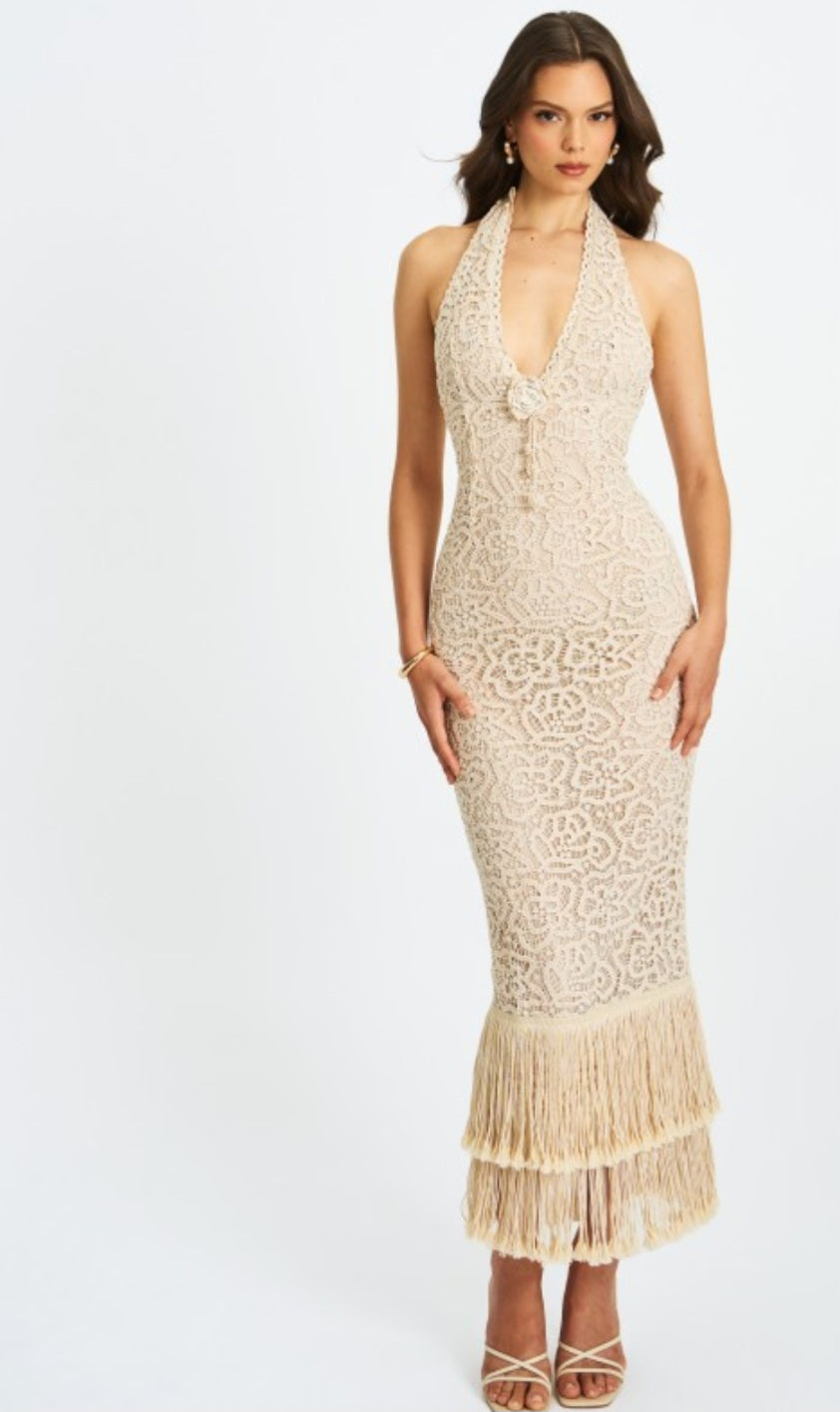 MISS CIRCLE FAELYN DOUBLE FRINGE CROCHET MAXI DRESS